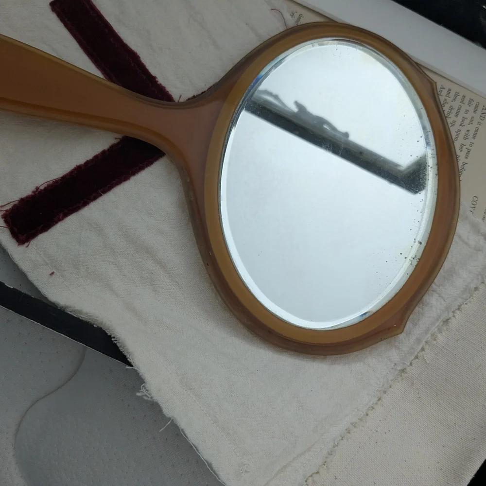 Vintage Tan and Blue Bakelite Hand Mirror